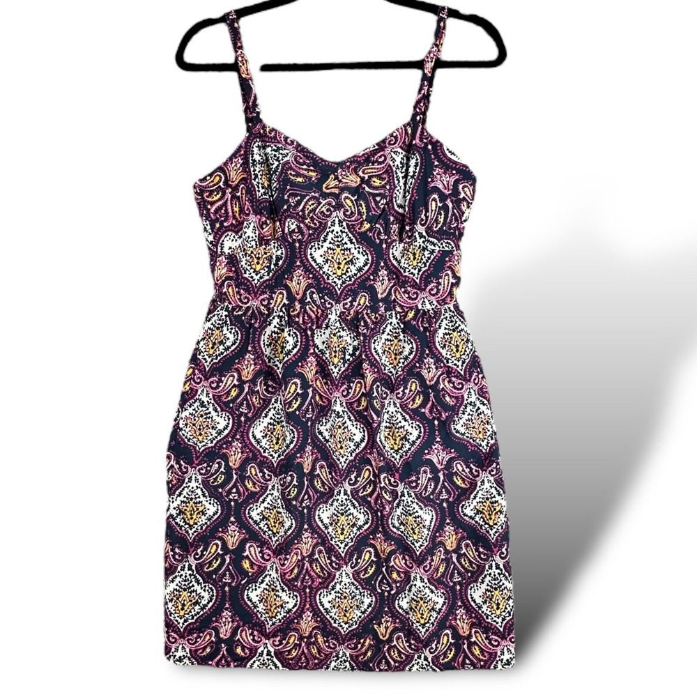 J Crew Purple Paisley Spaghetti Straps Dress Women's Size 4 Pockets Lined EUC